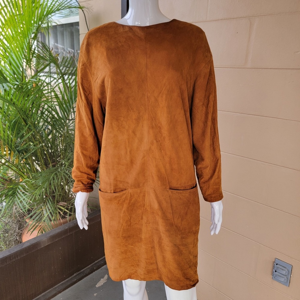 Vintage 70s Goatskin Suede Mini Shift Dress Tan Brown Women's M Boho Retro Mod